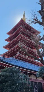 A traditional Japanese pagoda under a blue sky.