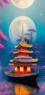 Vibrant pagoda beneath twin moons with pink trees.