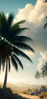 Serene desert landscape with palm trees at sunset.