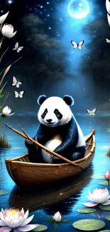 Panda rowing a boat under a bright moon with lotus flowers and butterflies.