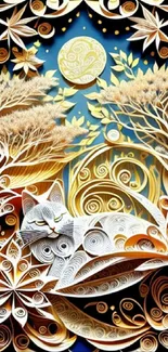 Paper art with a cat under moonlight, surrounded by swirling trees.