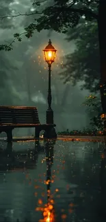 Serene park at night with a glowing street lamp, reflecting on rainy ground.