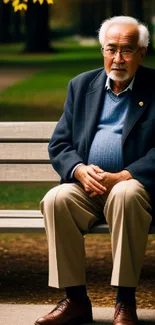 Elderly man sitting on a bench in a green park in autumn.