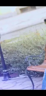 Serene park bench scene with greenery and lamp.