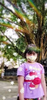 Girl in a serene park with a large tree.