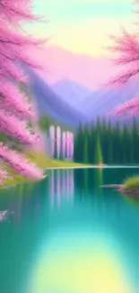 A serene pastel forest with pink blossoms and a calm reflective lake.