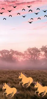 Serene landscape with horses and birds under a pastel sky.