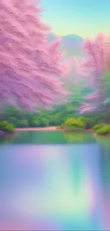 Tranquil pastel nature scene with pink trees and a reflective lake.