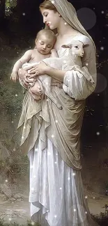 Serene pastoral art - woman, child, lamb.