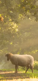 A lone sheep stands in a sunlit forest clearing, epitomizing tranquility.