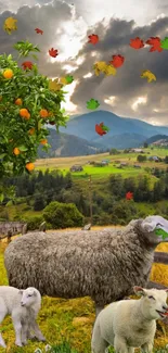 Tranquil sheep grazing in a scenic hillside with colorful leaves and mountains.