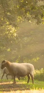 Serene pastoral wallpaper with sheep grazing under sunlit trees.