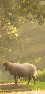 Mobile wallpaper of a sheep in a sunlit forest scene.