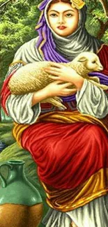 Elegant woman with lamb in nature scene.