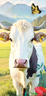 A cow in a vibrant green field with flowers and a butterfly nearby.