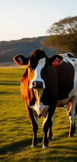 Cow standing on green pasture at sunset with hills and tree.