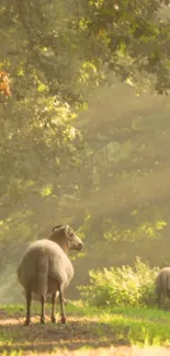 Sheep grazing in a sunlit forest clearing with lush greenery.