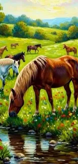 Horses graze in a lush, vibrant meadow by a stream.