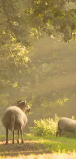 Sheep grazing in a sunlit pasture under leafy trees.