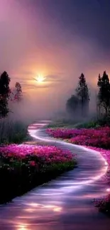 Serene path at sunset with mist and pink flowers, creating a magical atmosphere.