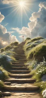 Sunlit path leading to sky with clouds and greenery.
