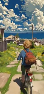 Anime scene of traveler on a bicycle amidst nature.