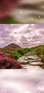 Serene stone path and purple flowers under a cloudy sky.