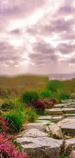 Stone pathway beneath purple sky and clouds.