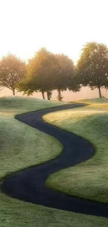 Serene pathway through lush green hills with a row of trees.