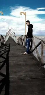 Man standing on wooden pier over blue sea and sky.