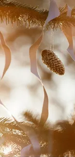 A pine cone hangs gracefully on a branch with soft light in the background.