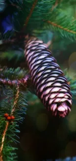 Close-up of a pine cone on lush green branches, creating a serene nature scene.