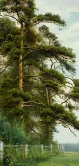 Serene landscape with pine trees and greenery.