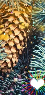 A serene wallpaper featuring pine tree branches with lush needles and a hidden pinecone.