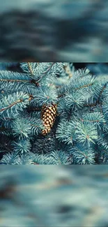 Pine tree with pinecone and teal needles.