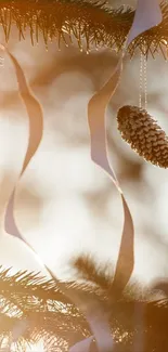 Sunlit pinecone with ribbons on evergreen branch.