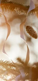 Pinecone hanging on a tree branch adorned with ribbons.