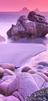 Pink sunset over rocky beach, tranquil ocean scene.