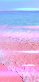 Pink beach and ocean waves on a sunny day.