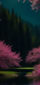 Pink blossom trees in a serene forest with tranquil lake view.