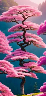 Vibrant pink blossom trees against a serene mountain background.