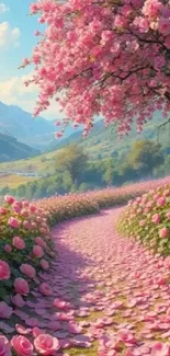Serene path with pink blossoms in nature scenery