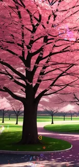 Pink cherry blossom trees lining a curved pathway.