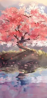 A serene pink blossom tree reflecting in tranquil water.