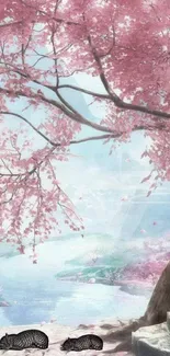 Serene scene with pink blossoms and a tranquil landscape.