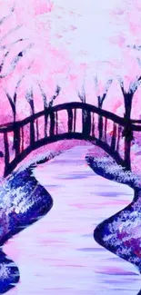 Pink serene bridge over a tranquil stream with blossoms.