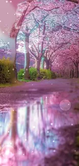 Path with pink cherry blossoms reflecting in water.