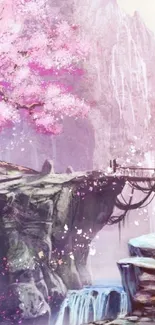 Serene cherry blossom tree with waterfall scene.