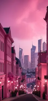 Pink cityscape at dusk with majestic skyscrapers under a serene sky.