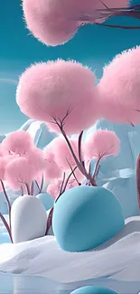 Serene pink fantasy landscape with fluffy trees and snowy mountains.